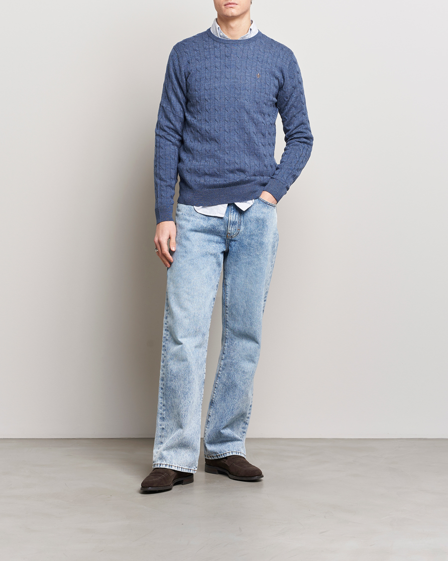 Men | Sweaters & Knitwear | Morris | Merino Cable Crew Neck Blue