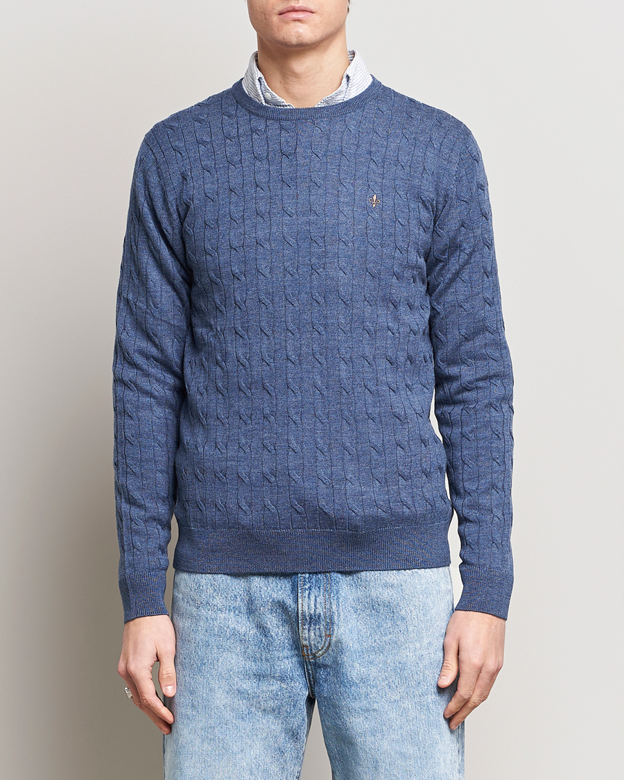 Men | Sweaters & Knitwear | Morris | Merino Cable Crew Neck Blue
