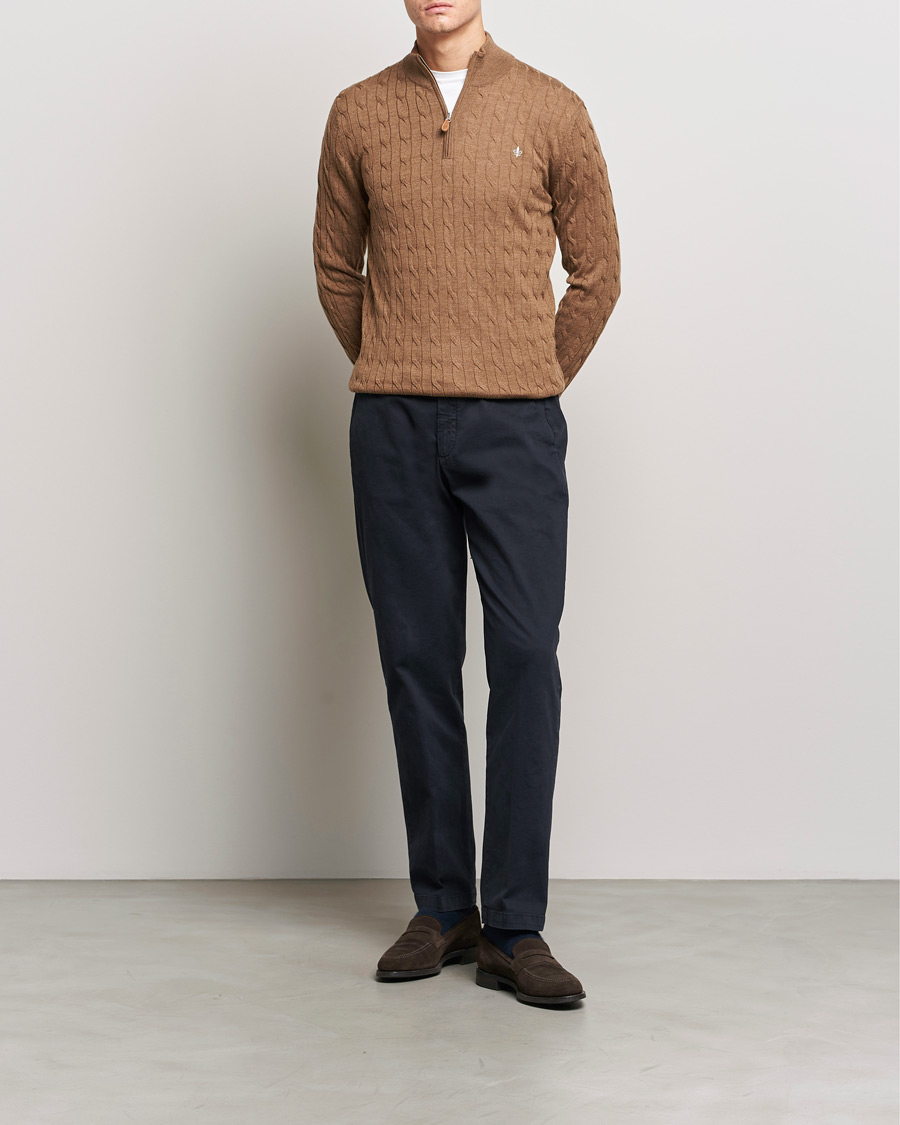 Men | Sweaters & Knitwear | Morris | Merino Cable Half Zip Camel