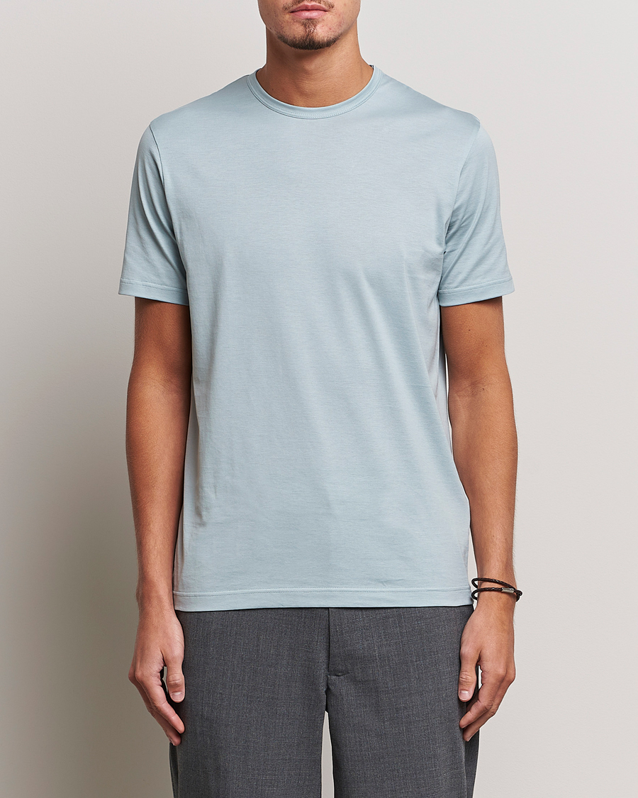 Men | T-Shirts | Sunspel | Crew Neck Cotton Tee Blue Sage