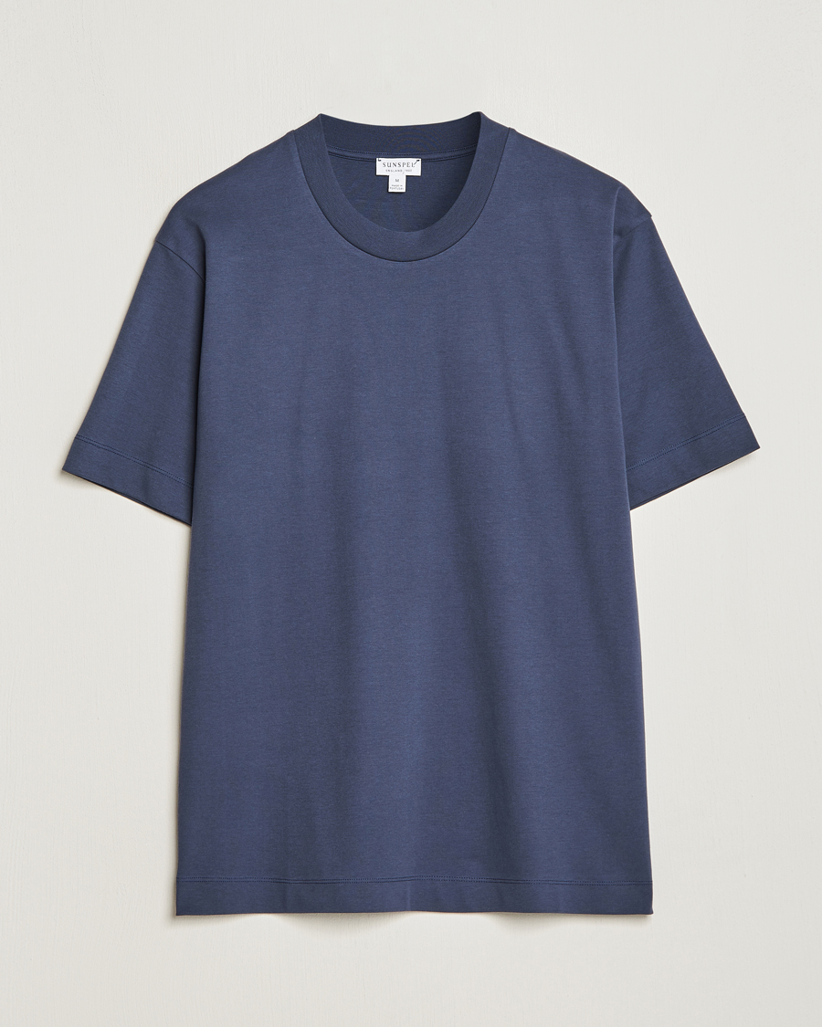 Men | T-Shirts | Sunspel | Heavyweight Mock Neck T-Shirt Navy