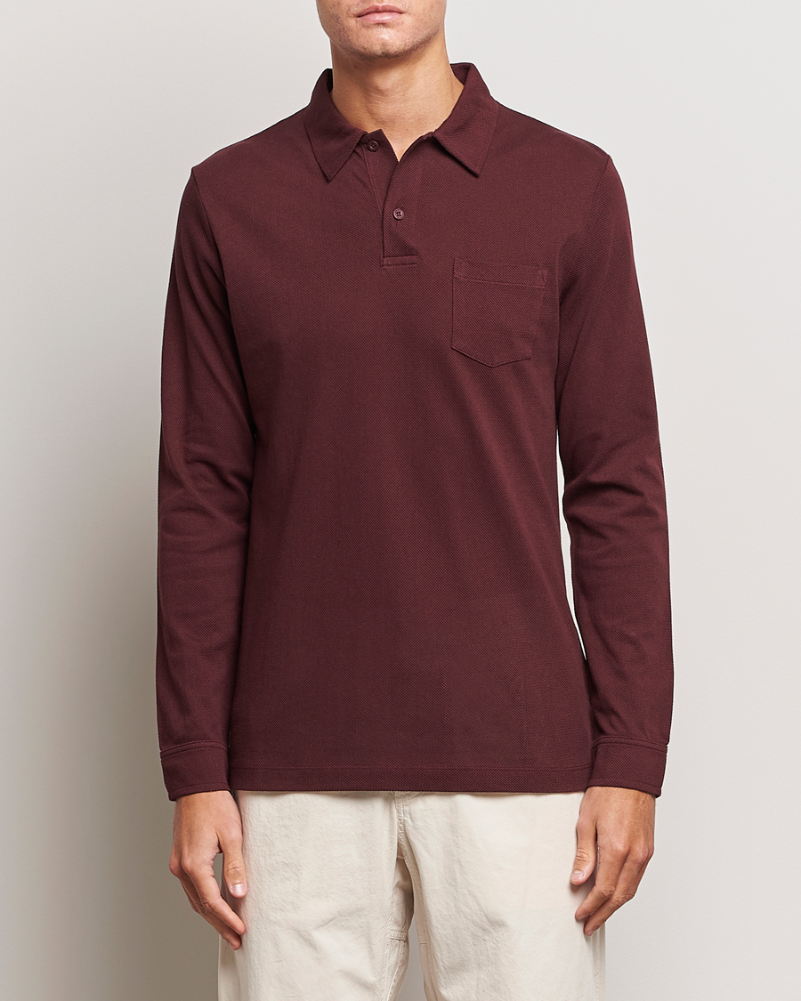 Men | Long Sleeve Polo Shirts | Sunspel | Long Sleeve Riviera Polo Shirt Maroon