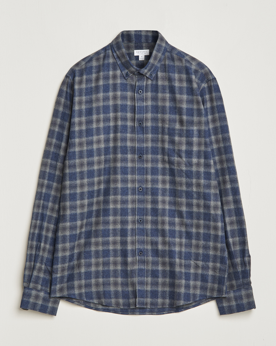 Men |  | Sunspel | Brushed Cotton Flannel Shirt Grey/Blue Check