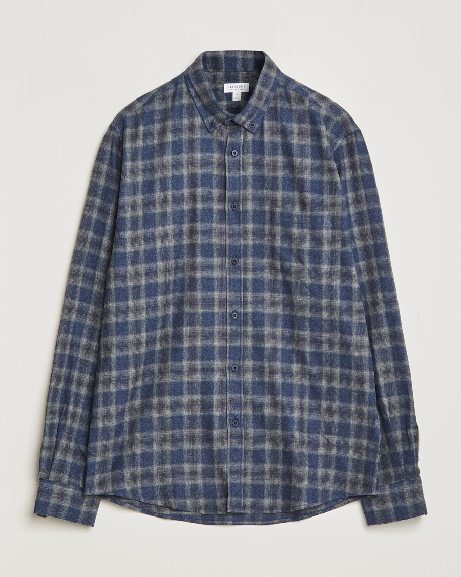 Men | Shirts | Sunspel | Brushed Cotton Flannel Shirt Grey/Blue Check