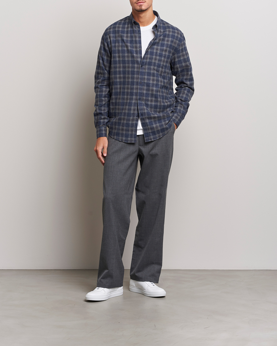Men | Shirts | Sunspel | Brushed Cotton Flannel Shirt Grey/Blue Check