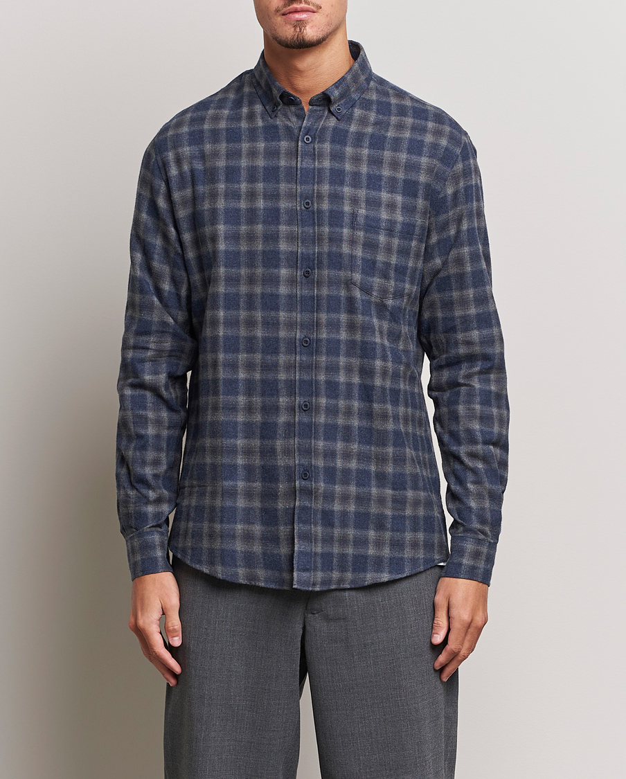 Men |  | Sunspel | Brushed Cotton Flannel Shirt Grey/Blue Check