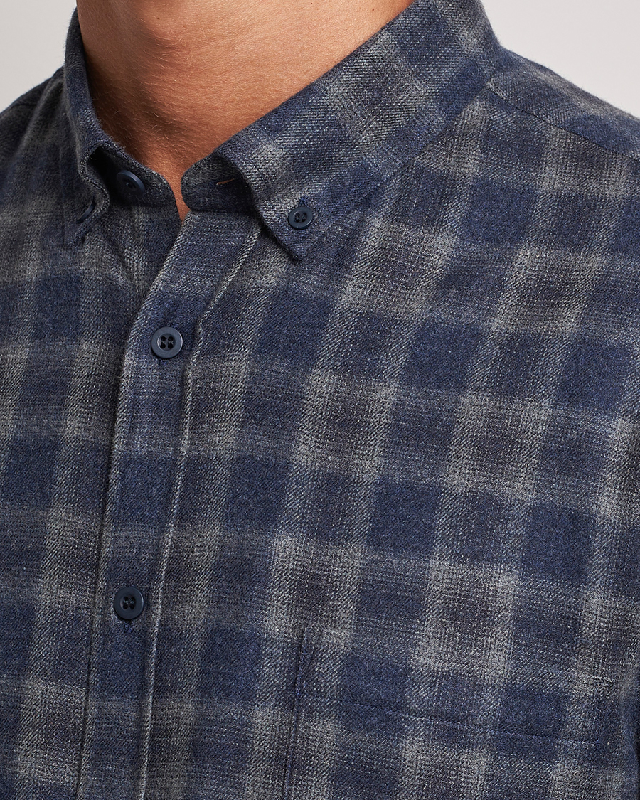 Men | Shirts | Sunspel | Brushed Cotton Flannel Shirt Grey/Blue Check