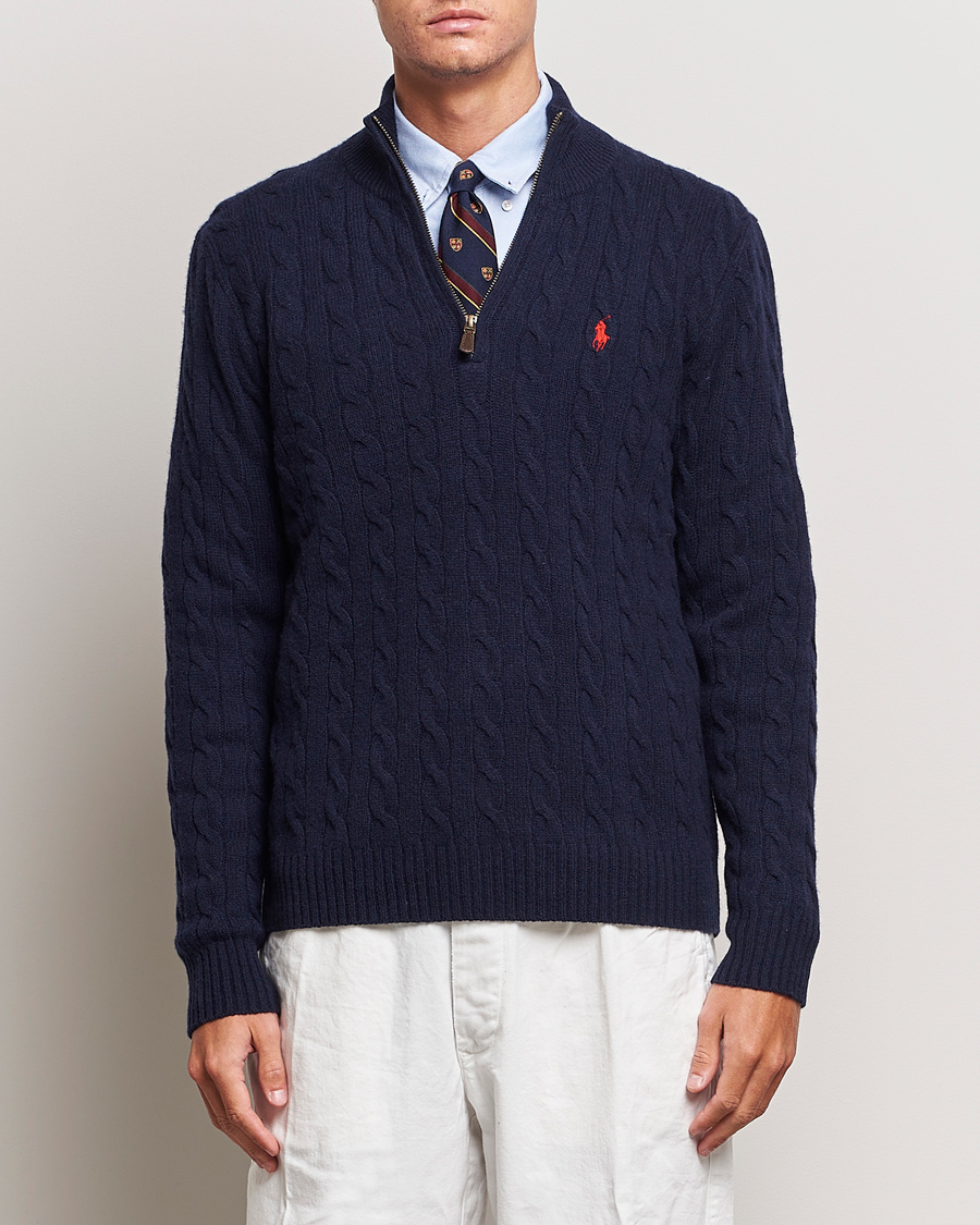 Men | Knitted Jumpers | Polo Ralph Lauren | Wool/Cashmere Cable Half Zip Hunter Navy