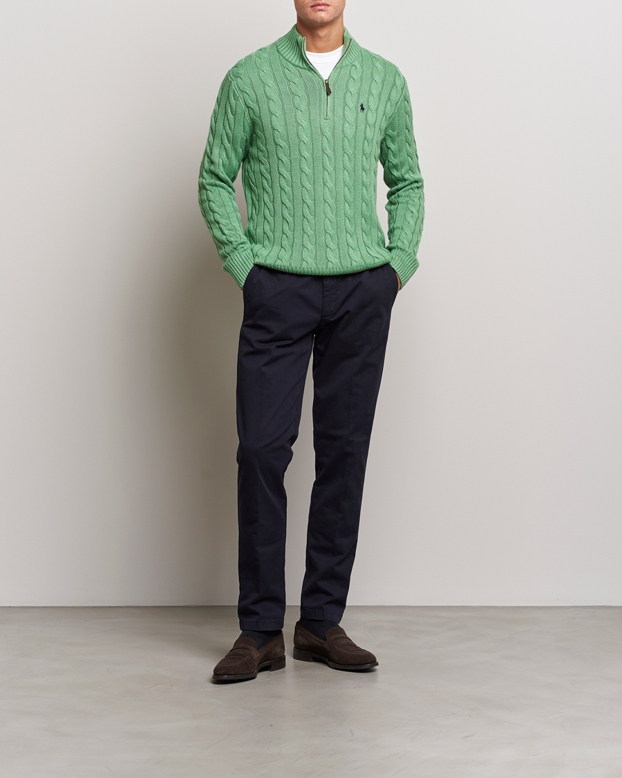 Men | Sweaters & Knitwear | Polo Ralph Lauren | Cotton Cable Half Zip Sweater Field Green Heather