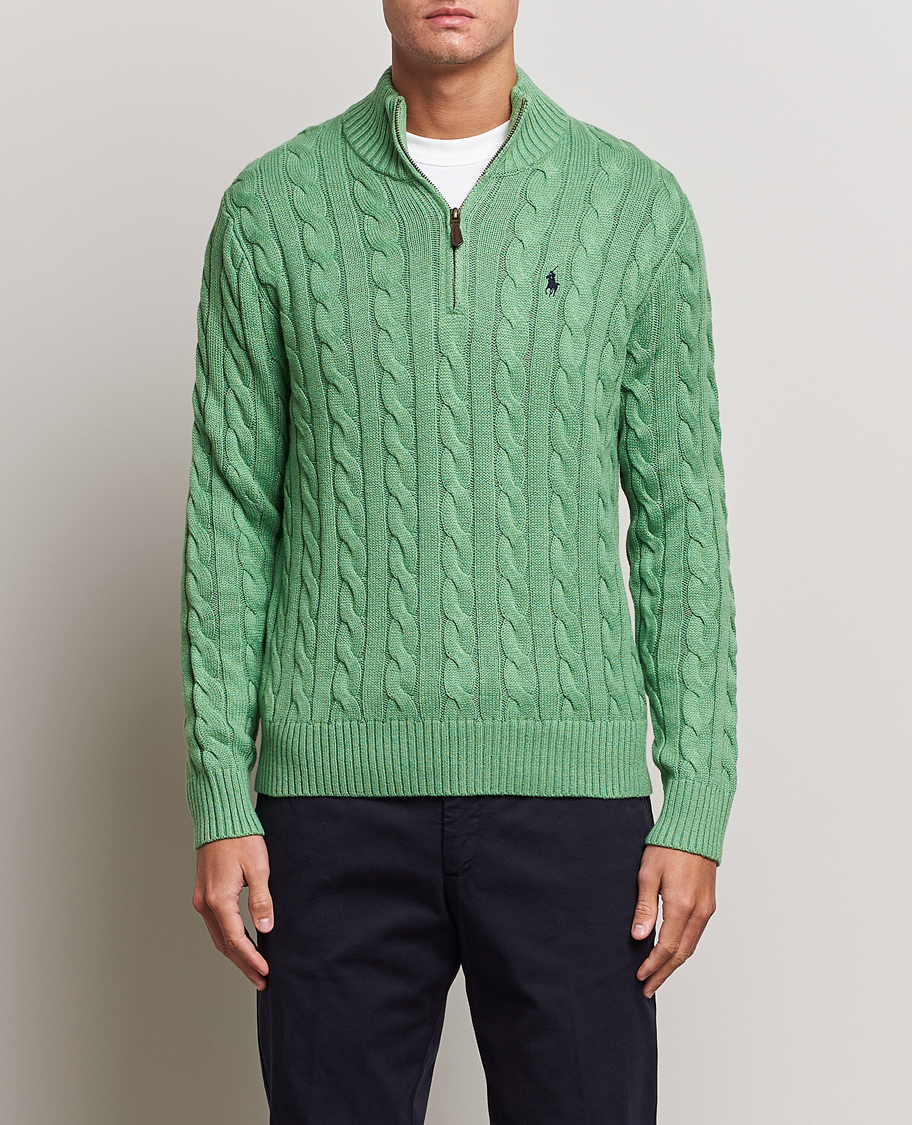 Men | Sweaters & Knitwear | Polo Ralph Lauren | Cotton Cable Half Zip Sweater Field Green Heather