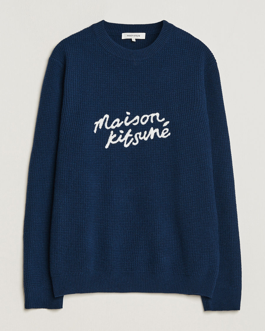 Men | Sweaters & Knitwear | Maison Kitsuné | Handwriting Wool Crew Neck Sweater Ink Blue