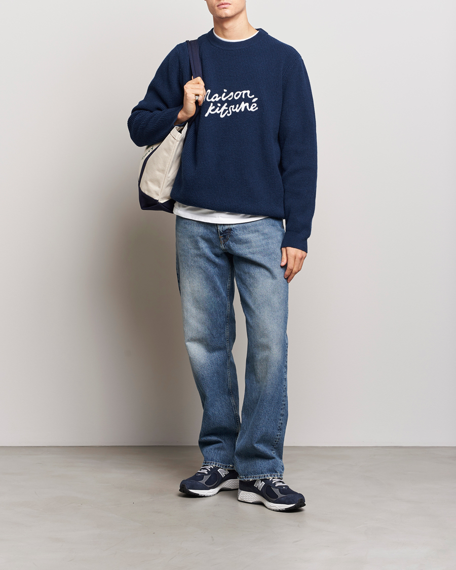 Men | Sweaters & Knitwear | Maison Kitsuné | Handwriting Wool Crew Neck Sweater Ink Blue