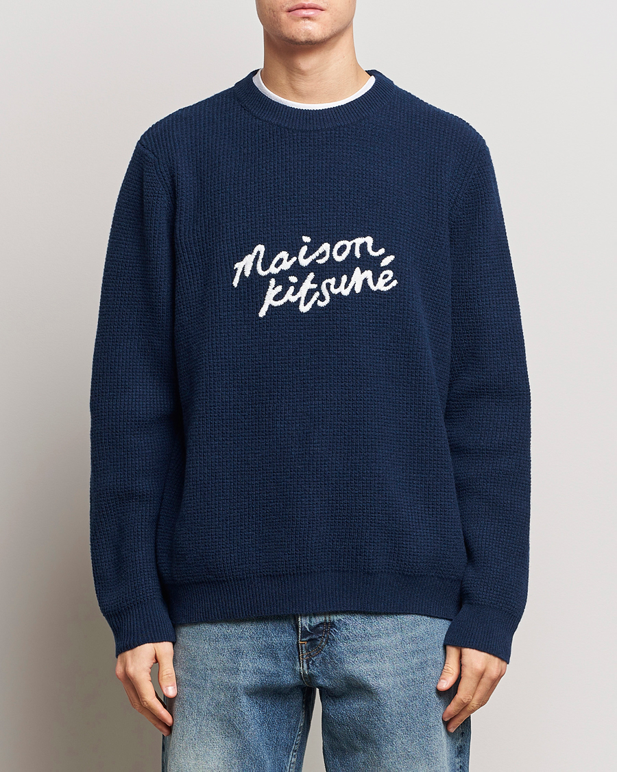 Men | Sweaters & Knitwear | Maison Kitsuné | Handwriting Wool Crew Neck Sweater Ink Blue