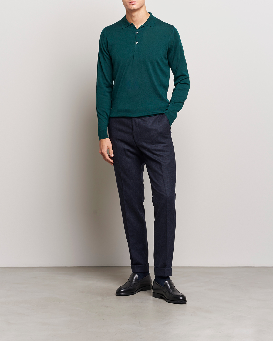 Men | Sweaters & Knitwear | John Smedley | Belper Extra Fine Merino Polo Pullover Pine Green