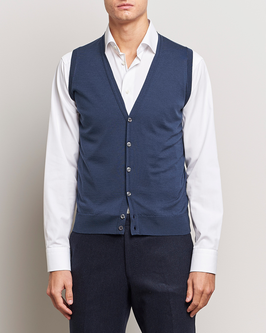 Men | Sweaters & Knitwear | John Smedley | Huntswood Slim Fit Waistcoat Smoke Blue