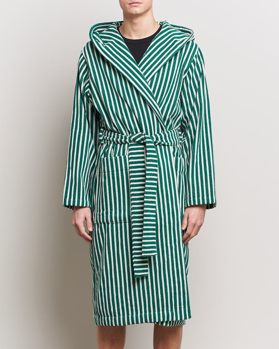 Men | Robes | Tekla | Organic Terry Hooded Bathrobe Teal Green Stripes