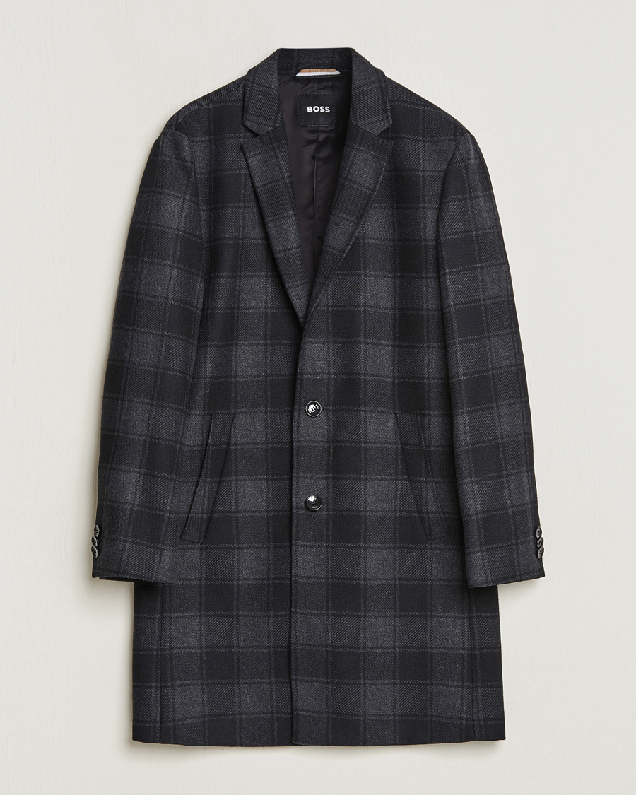 Men |  | BOSS BLACK | Hyde Wool Checked Coat Black/Grey