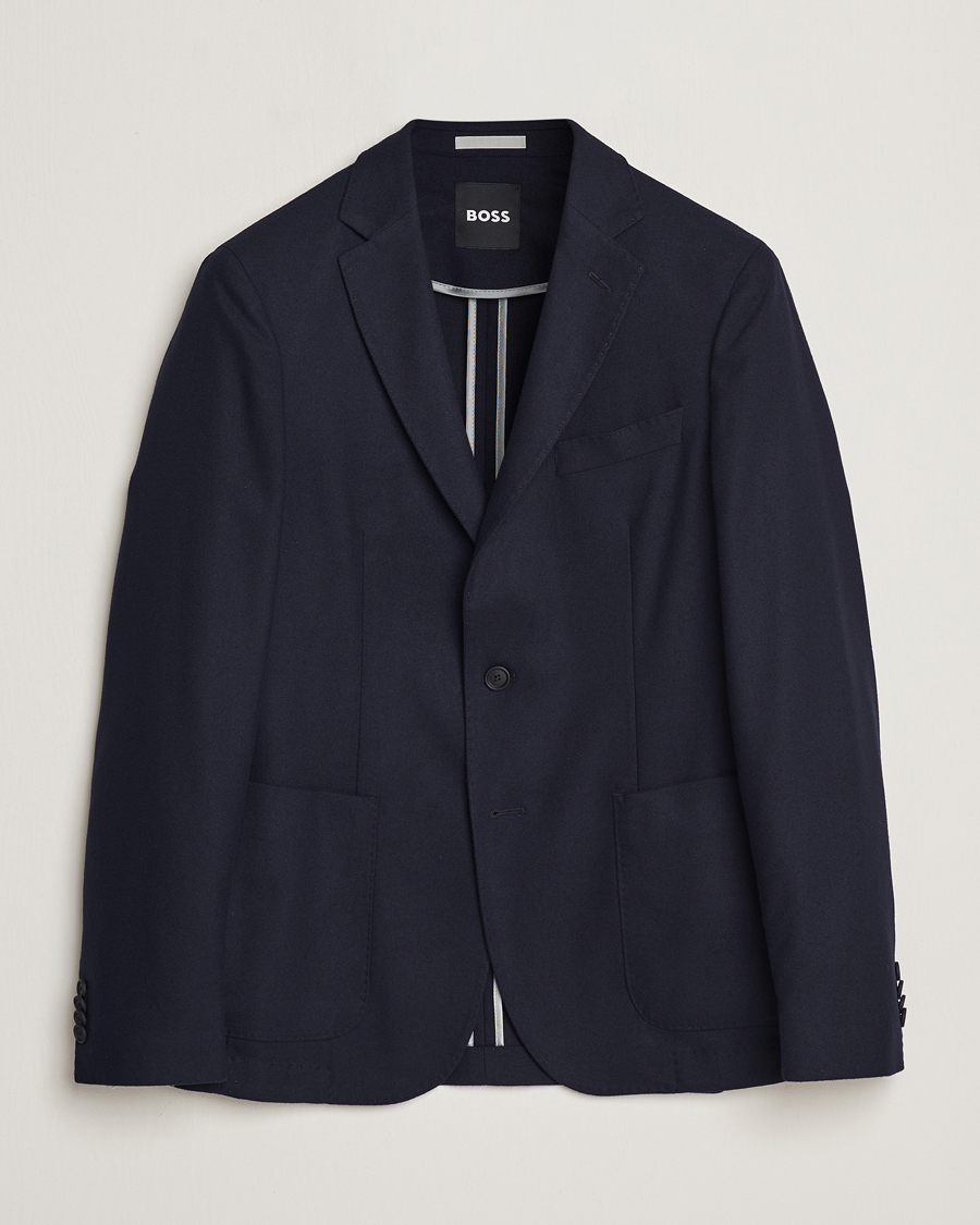 BOSSフランネルセットアップスーツ TECH FLANELL スリムフィット黒 BOSS BLACK Hanry Tech Flannel Blazer Dark Blue at CareOfCarl.com