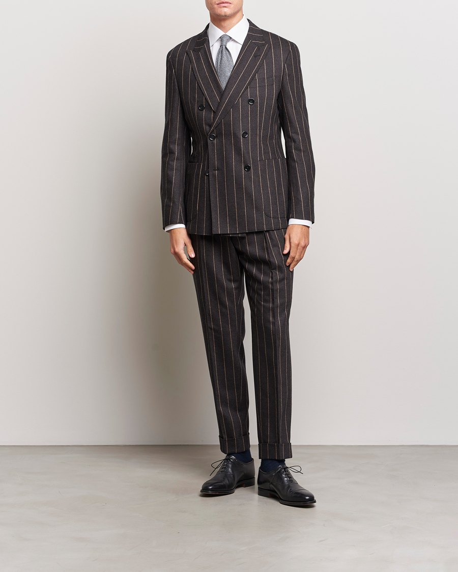 Men | Suits | BOSS BLACK | Huge Double Breasted Pinstripe Suit Dark Brown