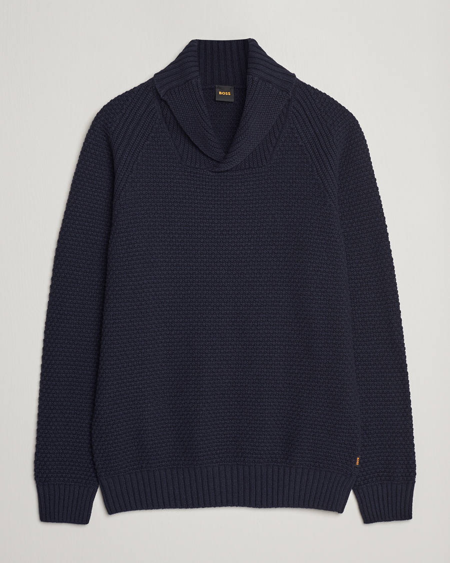 Men | Sweaters & Knitwear | BOSS ORANGE | Amado Heavy Knitted Shawl Collar Sweater Dark Blue