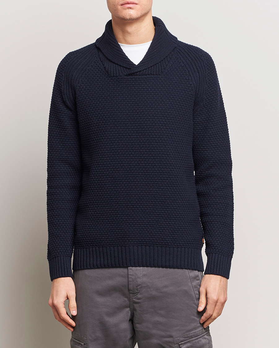 Men | Sweaters & Knitwear | BOSS ORANGE | Amado Heavy Knitted Shawl Collar Sweater Dark Blue
