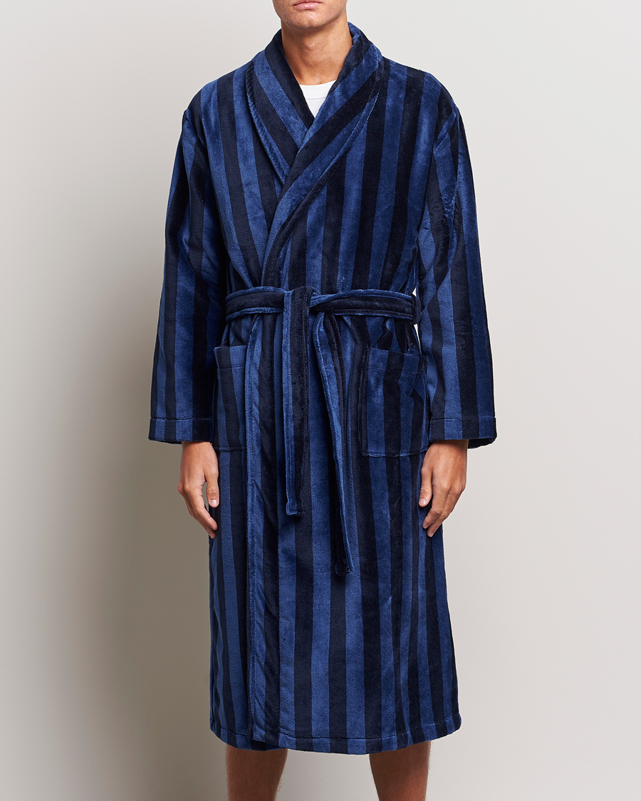 Men | Pyjamas & Robes | Derek Rose | Cotton Velour Striped Gown Navy/Blue