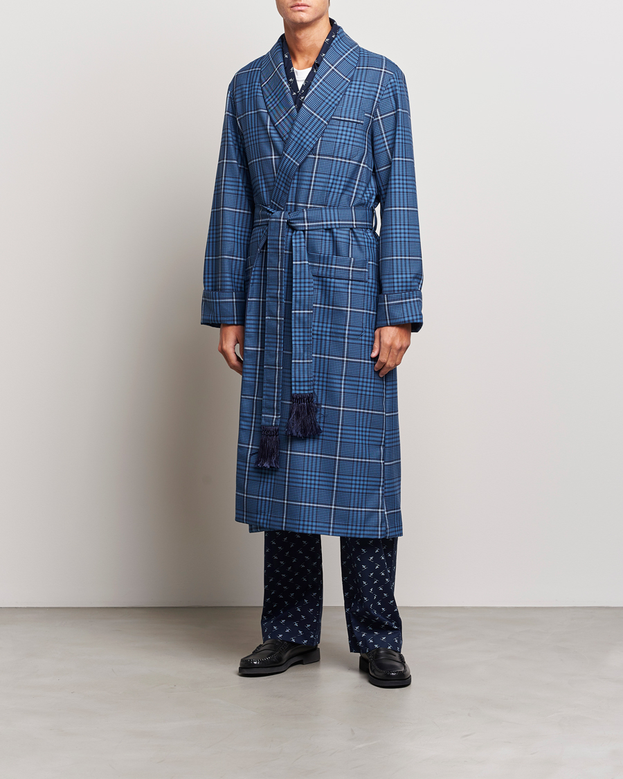 Men | Pyjamas & Robes | Derek Rose | Wool Checked Gown Blue