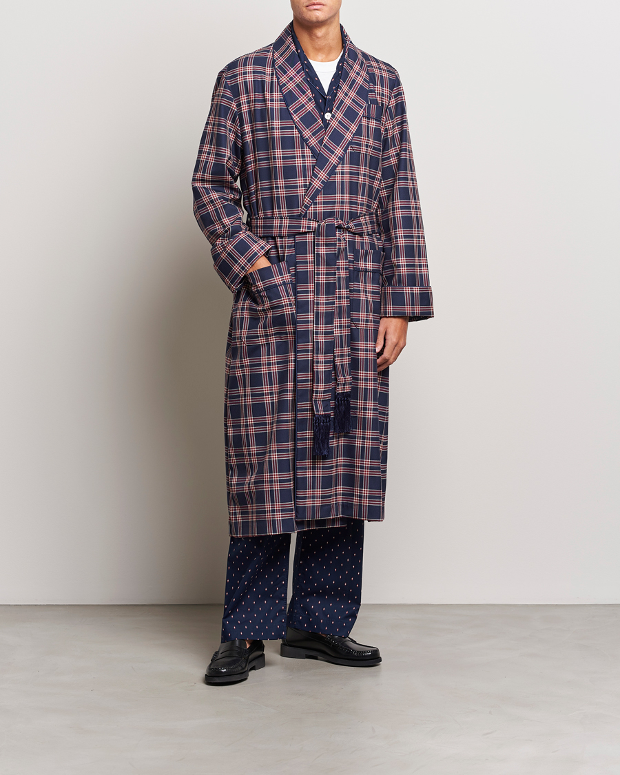 Men | Pyjamas & Robes | Derek Rose | Wool Checked Gown Navy