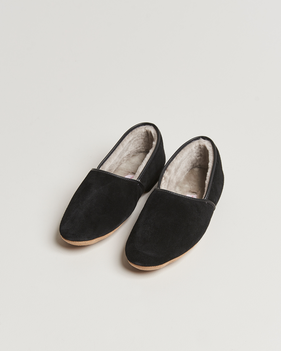 Men | Derek Rose Crawford Sheepskin Suede Slippers Black | Derek Rose | Crawford Sheepskin Suede Slippers Black