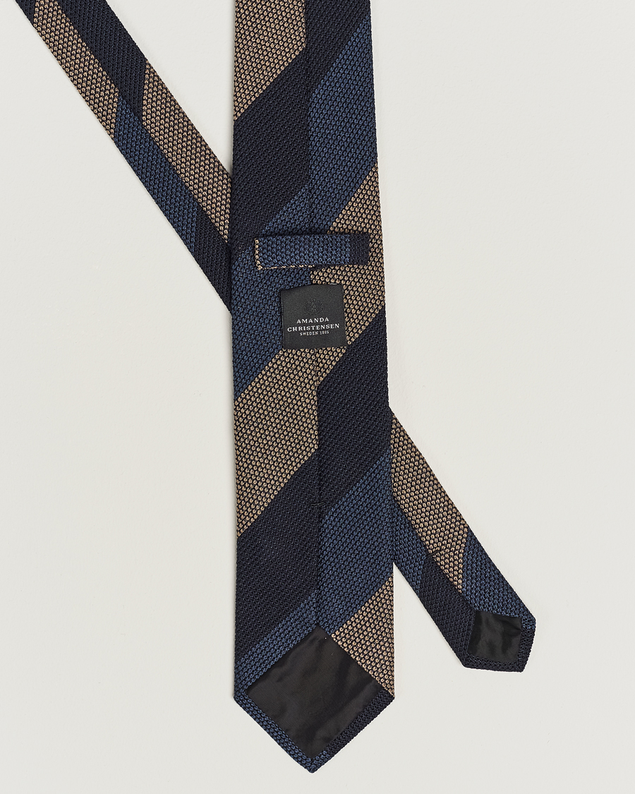 Men | Amanda Christensen Silk Grenadine 8cm Block Striped Tie Navy/Blue/Beige | Amanda Christensen | Silk Grenadine 8cm Block Striped Tie Navy/Blue/Beige