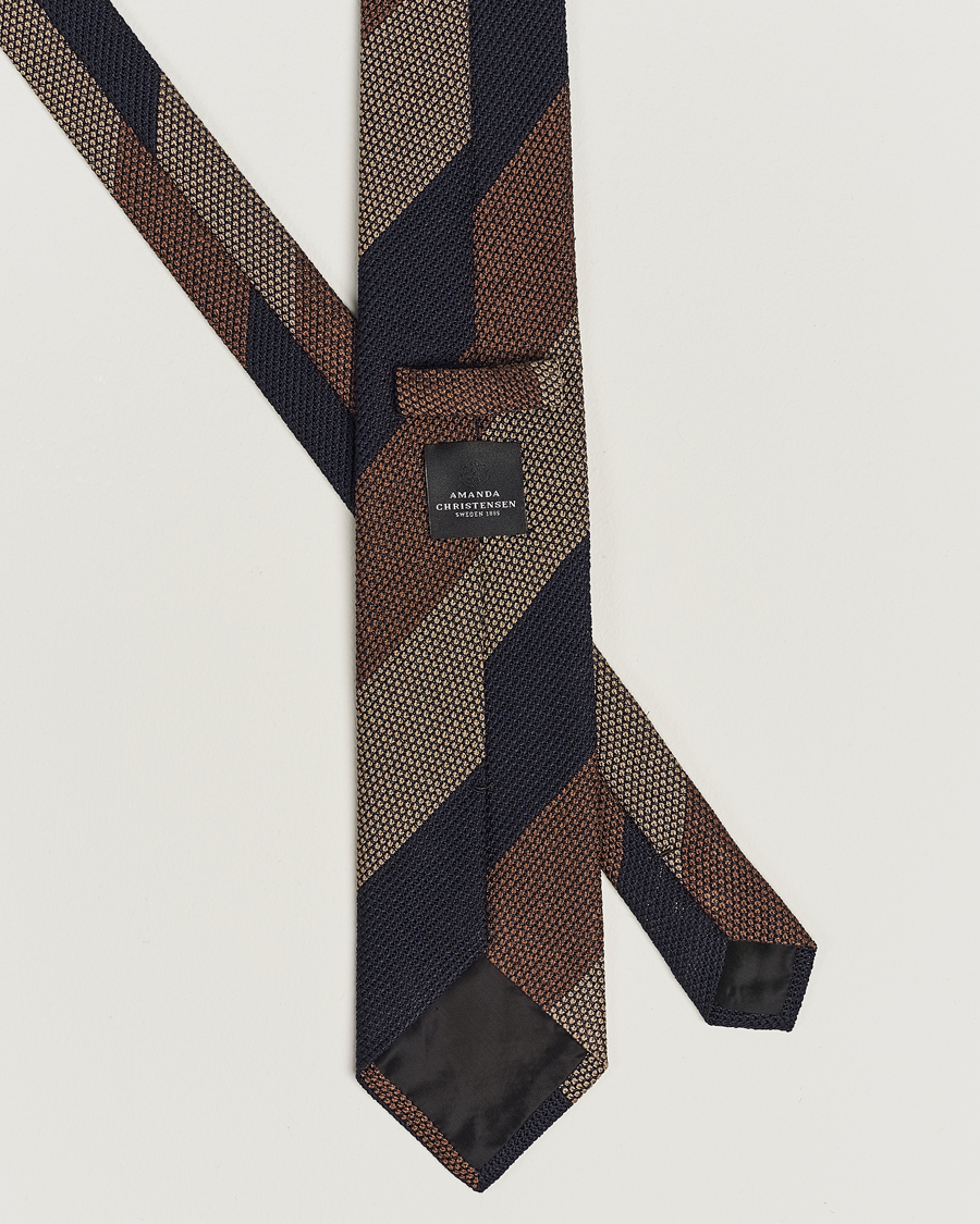 Men | Amanda Christensen Silk Grenadine 8cm Block Striped Tie Brown/Navy/Beige | Amanda Christensen | Silk Grenadine 8cm Block Striped Tie Brown/Navy/Beige