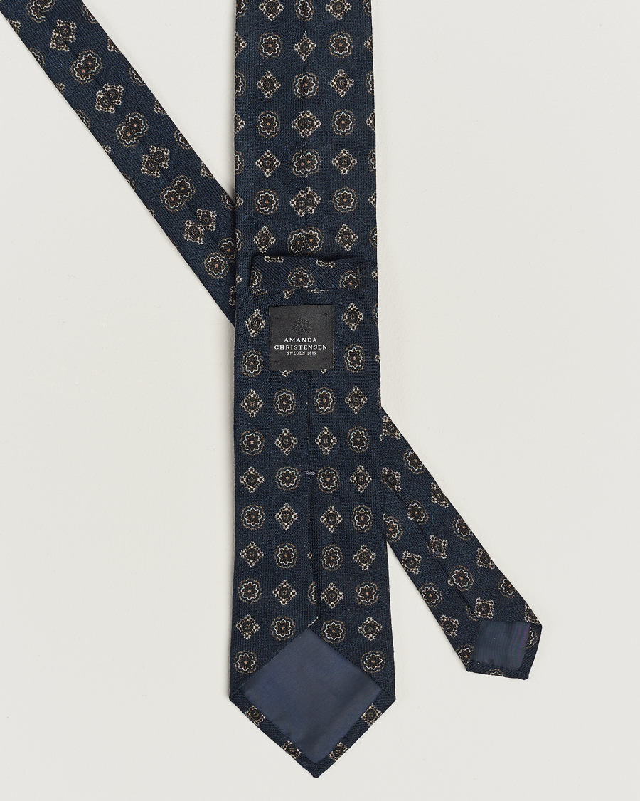 Men | Amanda Christensen Wool Flannel 8cm Printed Medallion Tie Navy | Amanda Christensen | Wool Flannel 8cm Printed Medallion Tie Navy
