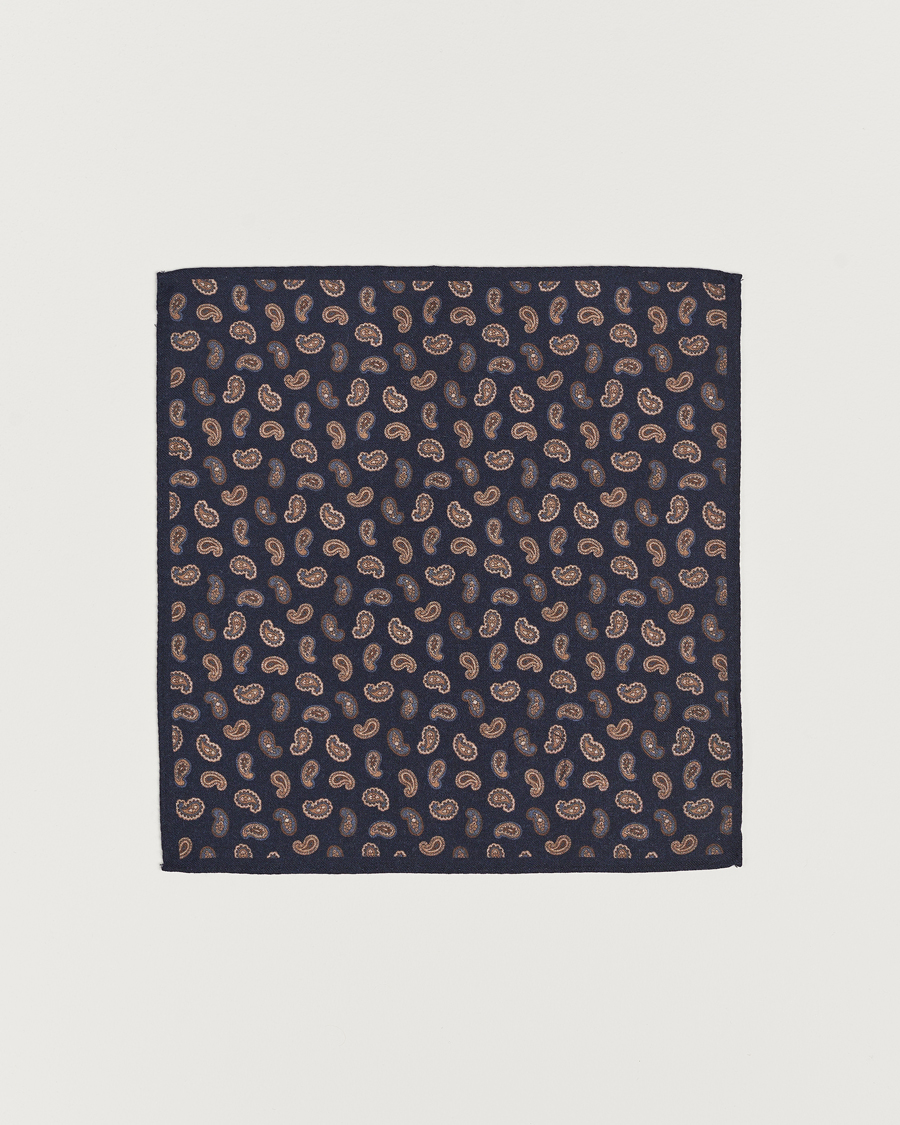Men |  | Amanda Christensen | Wool Flannel Printed Paisley Pocket Square Navy