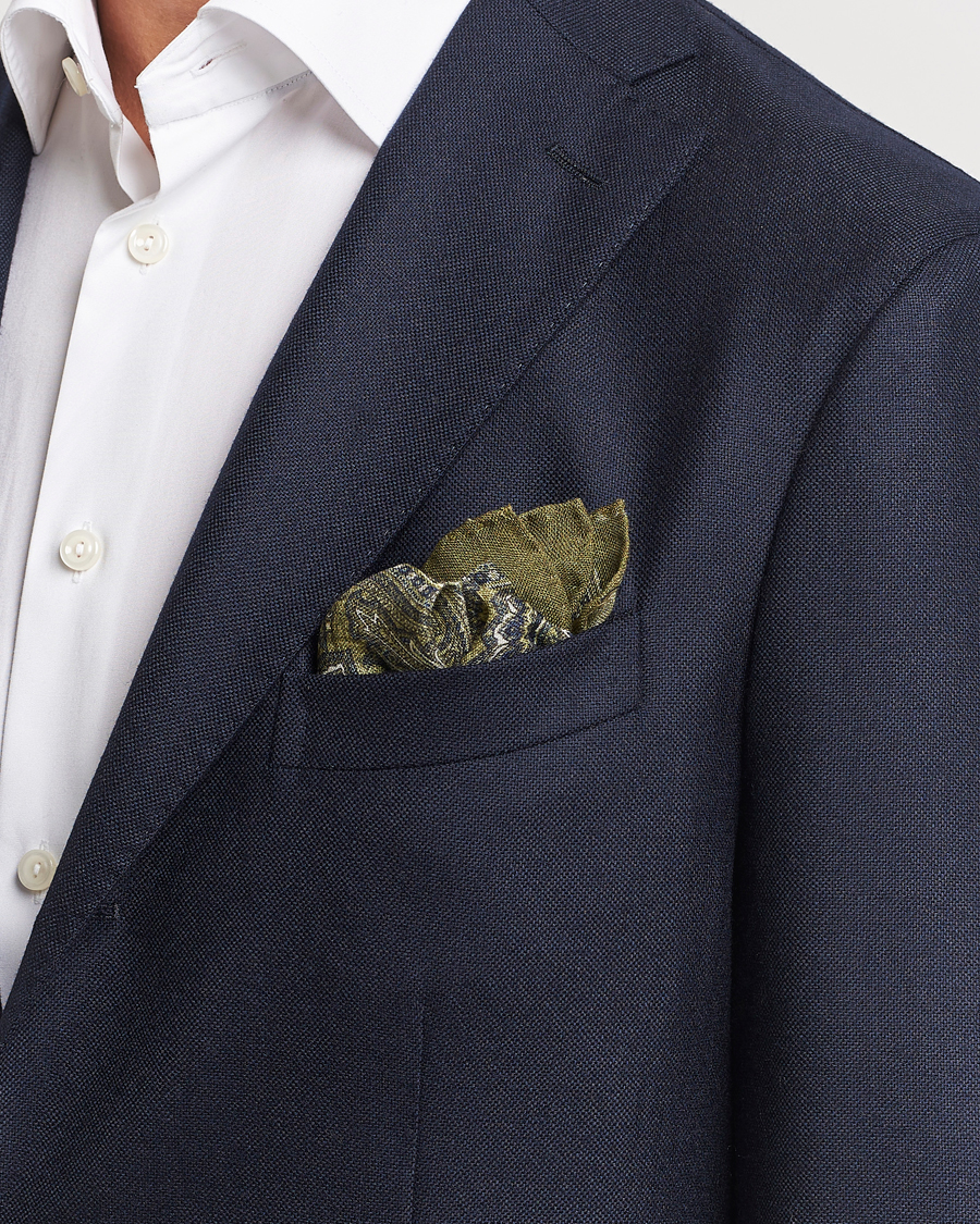 Men |  | Amanda Christensen | Wool Printed Large Paisley Pocket Square Green Melange