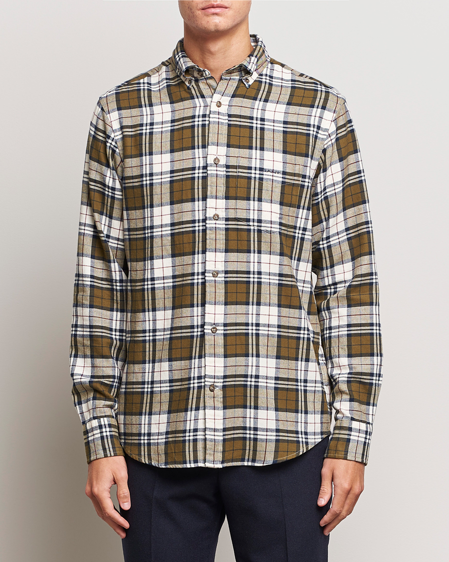 Men | Flannel Shirts | GANT | Regular Fit Flannel Checked Shirt Dark Cactus