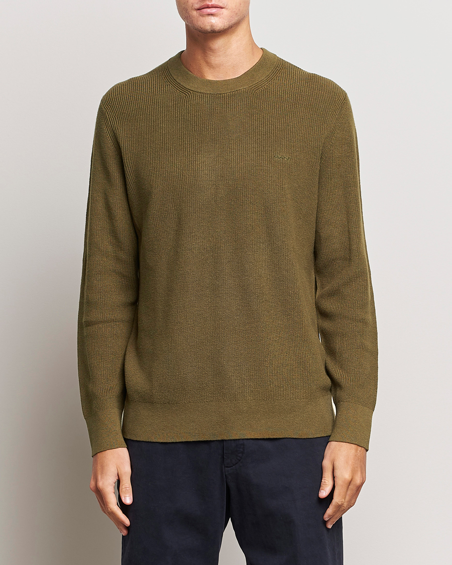 Men | Sweaters & Knitwear | GANT | Cotton/Wool Rib Knitted Crew Neck Dark Cactus