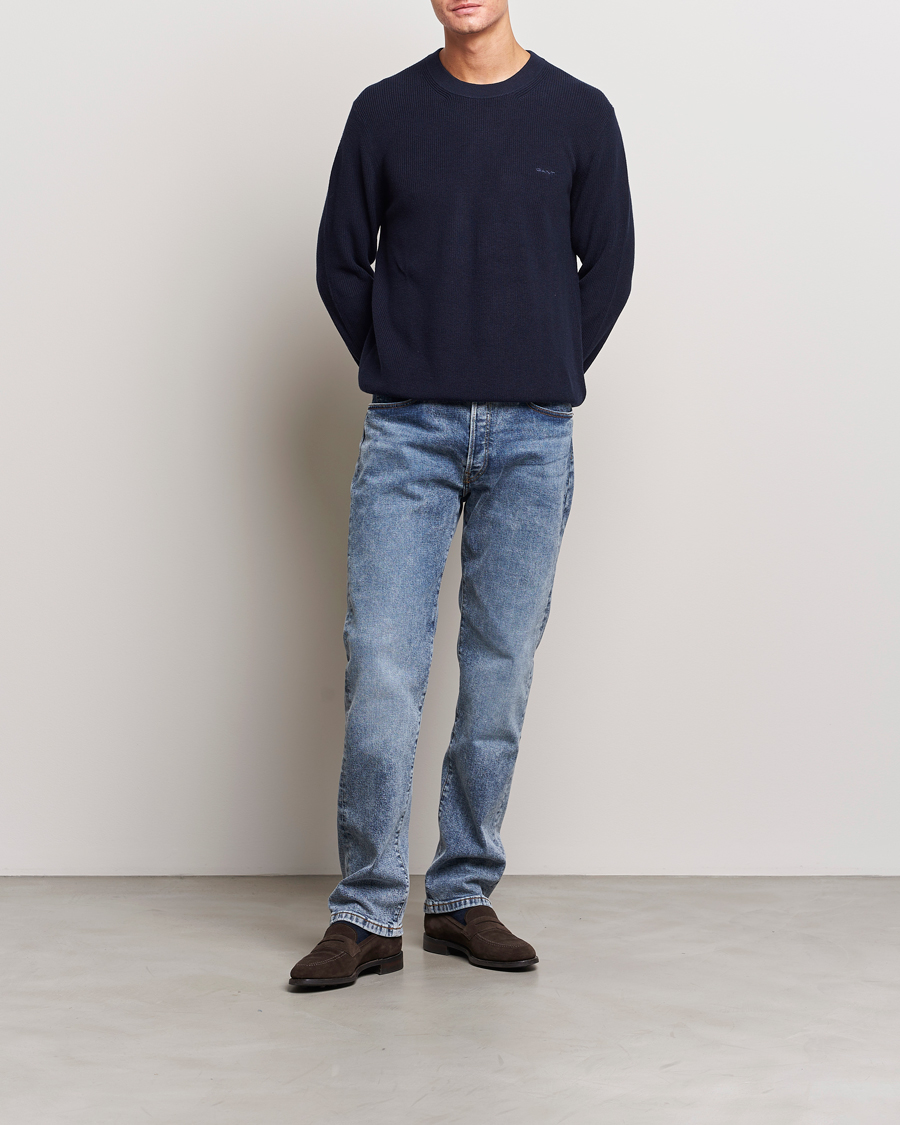 Men | Sweaters & Knitwear | GANT | Cotton/Wool Rib Knitted Crew Neck Evening Blue