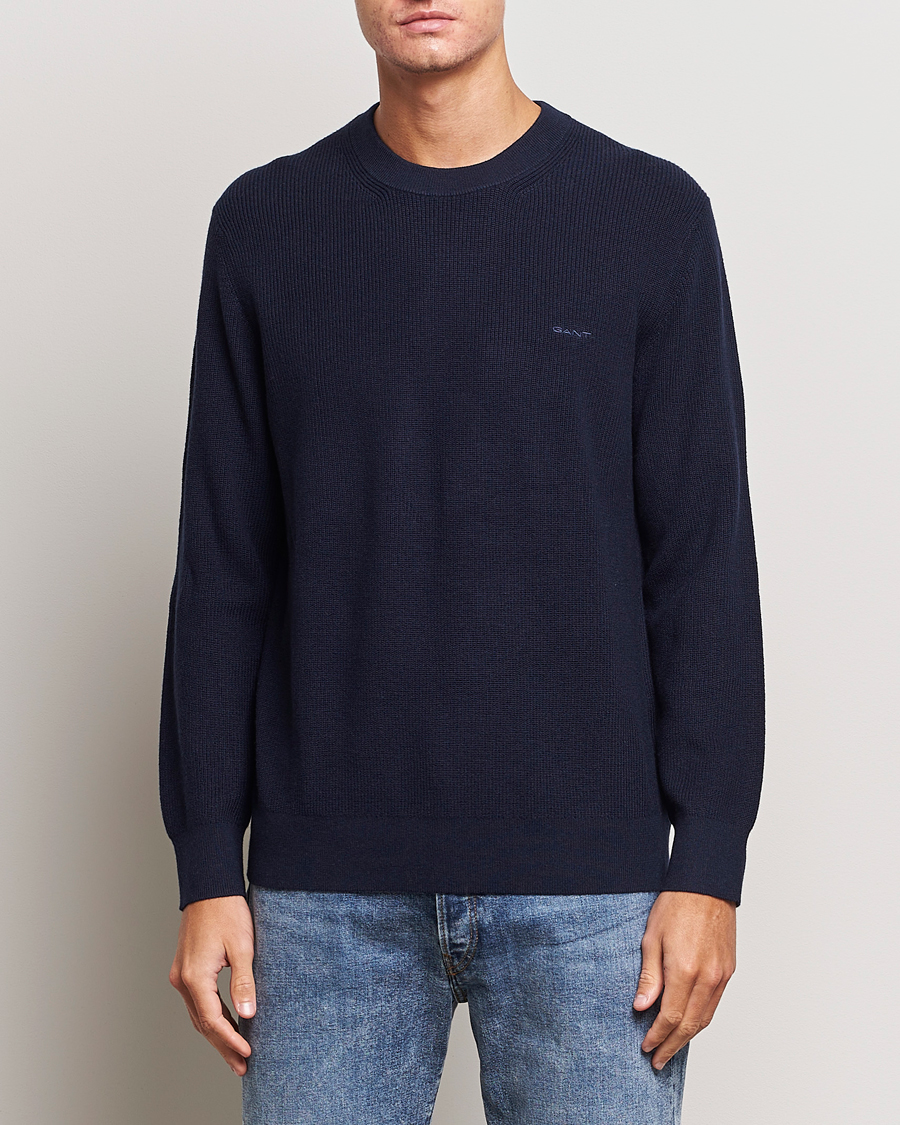 Men | Sweaters & Knitwear | GANT | Cotton/Wool Rib Knitted Crew Neck Evening Blue