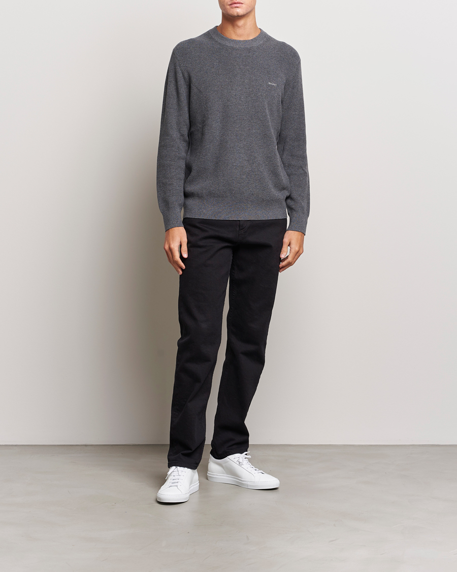 Men | Sweaters & Knitwear | GANT | Cotton/Wool Rib Knitted Crew Neck Antrachite Melange