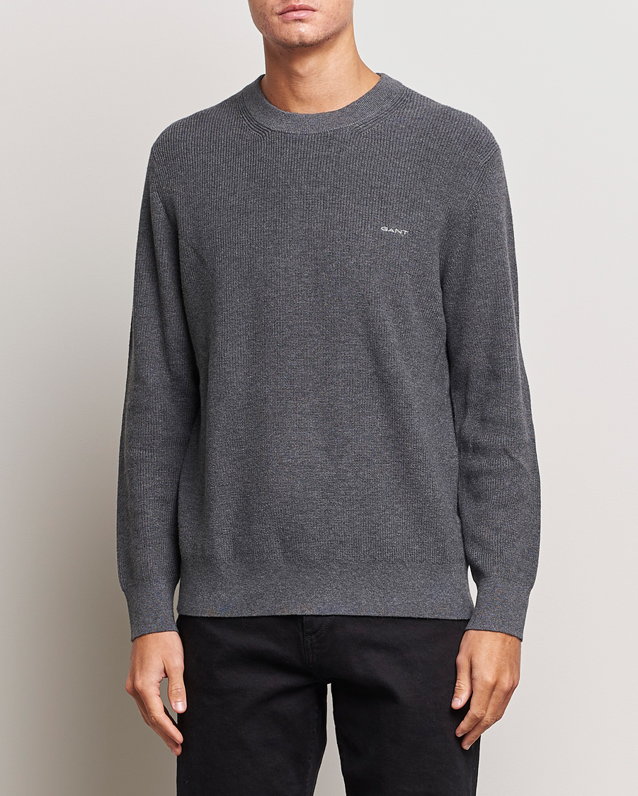 Men | Sweaters & Knitwear | GANT | Cotton/Wool Rib Knitted Crew Neck Antrachite Melange