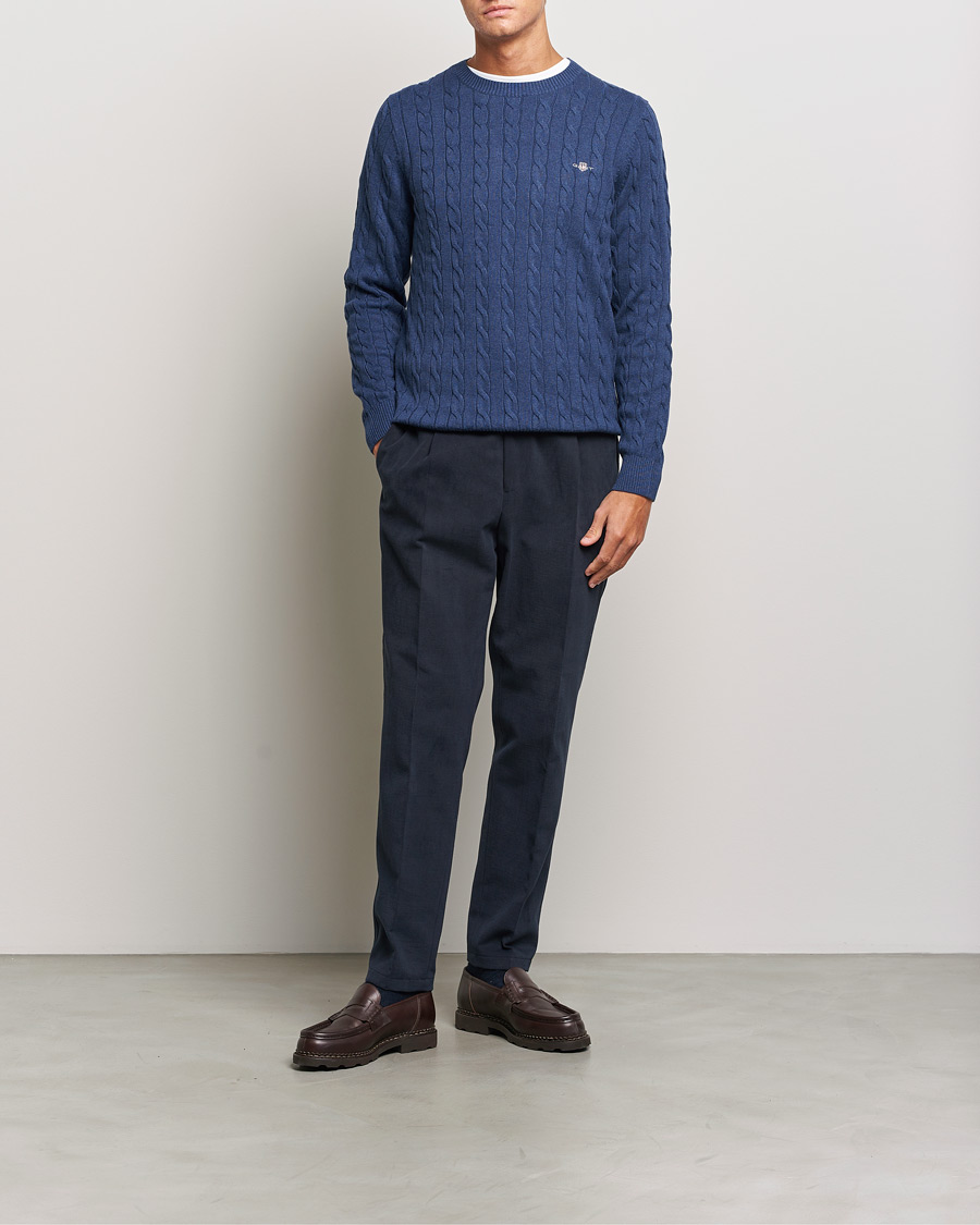 Men | Sweaters & Knitwear | GANT | Cotton Cable Crew Neck Pullover Marine Melange
