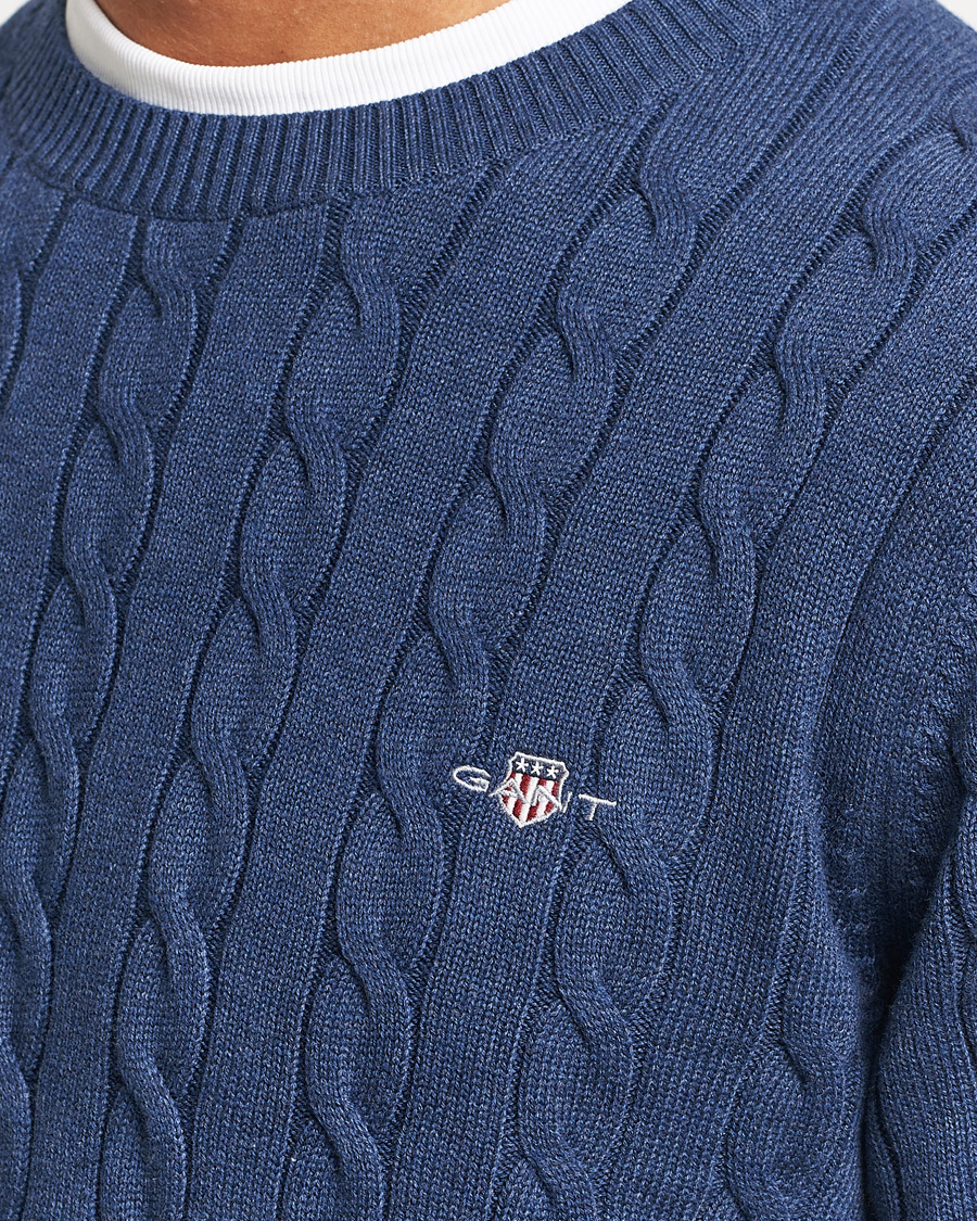 Men | Sweaters & Knitwear | GANT | Cotton Cable Crew Neck Pullover Marine Melange