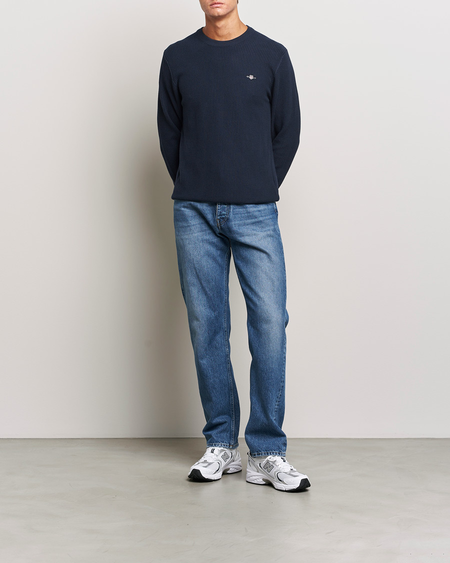 Men | Sweaters & Knitwear | GANT | Cotton Micro Textured Crew Neck Evening Blue
