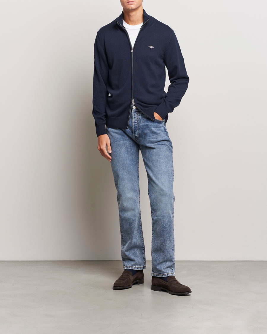 Men | Sweaters & Knitwear | Gant | Cotton Full Zip Cardigan Evening Blue