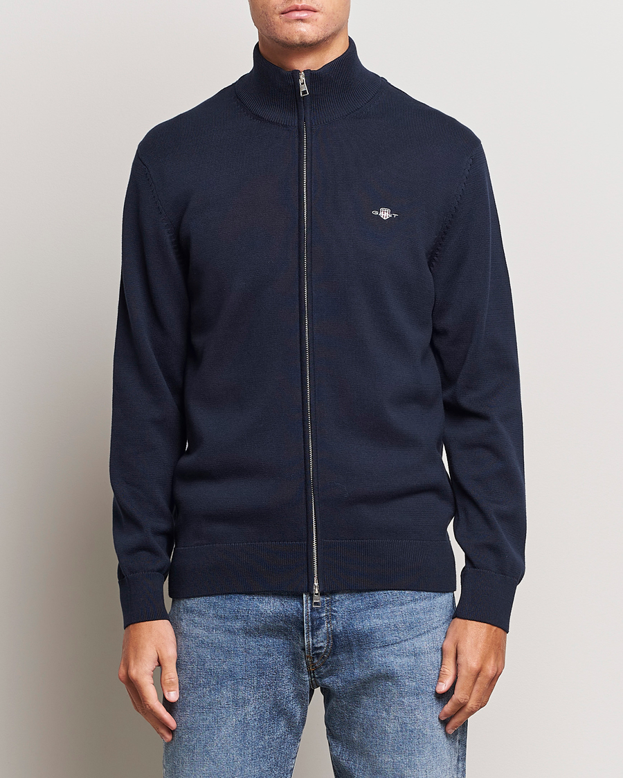 Men | Sweaters & Knitwear | Gant | Cotton Full Zip Cardigan Evening Blue