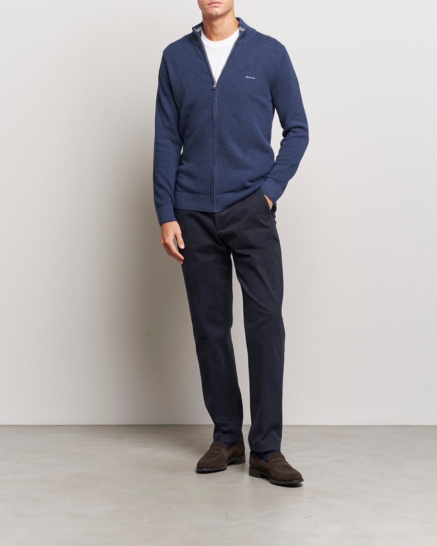 Men | Sweaters & Knitwear | GANT | Cotton Pique Full Zip Marine Melange
