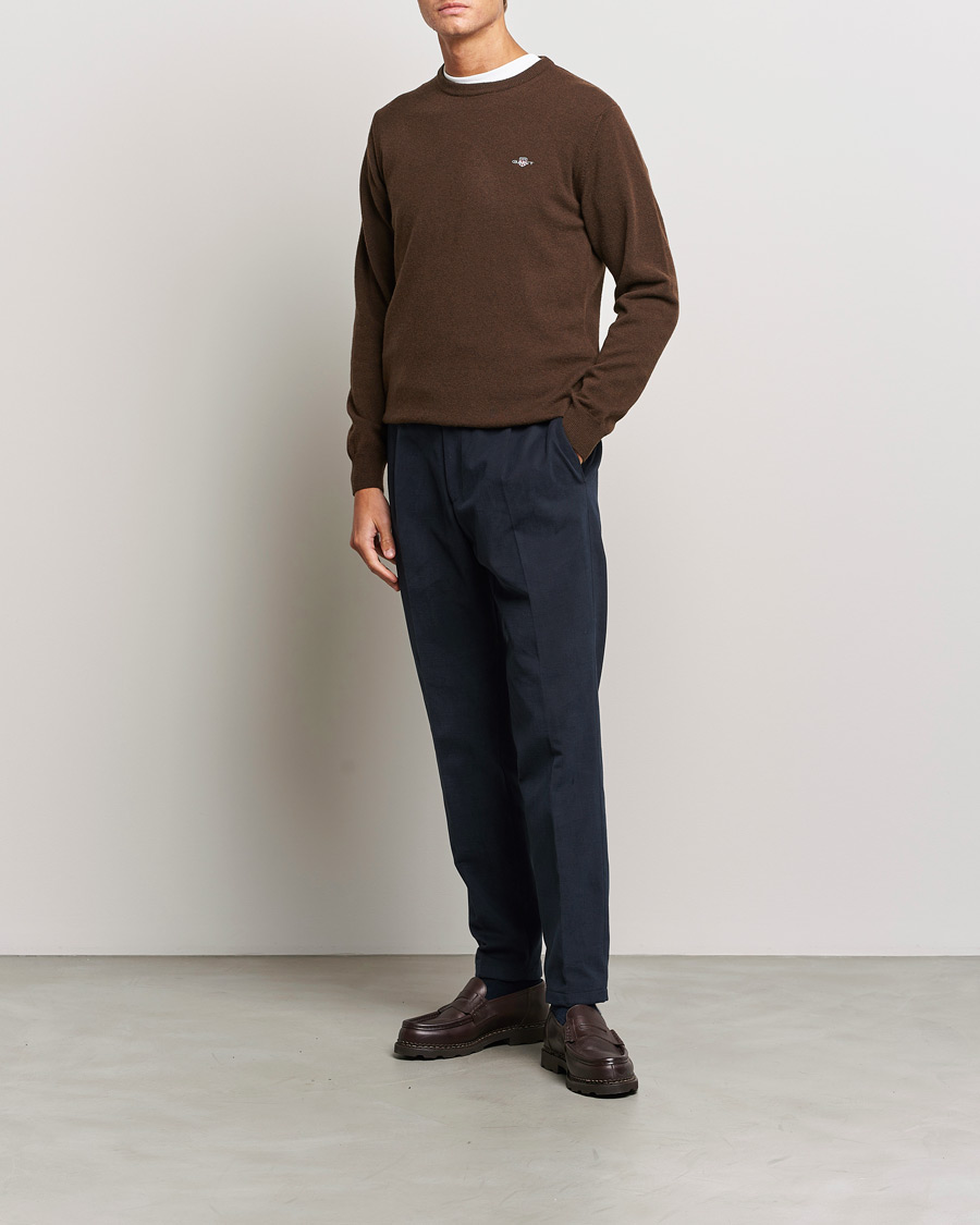 Men | Sweaters & Knitwear | GANT | Lambswool Crew Neck Pullover Dark Brown Melange