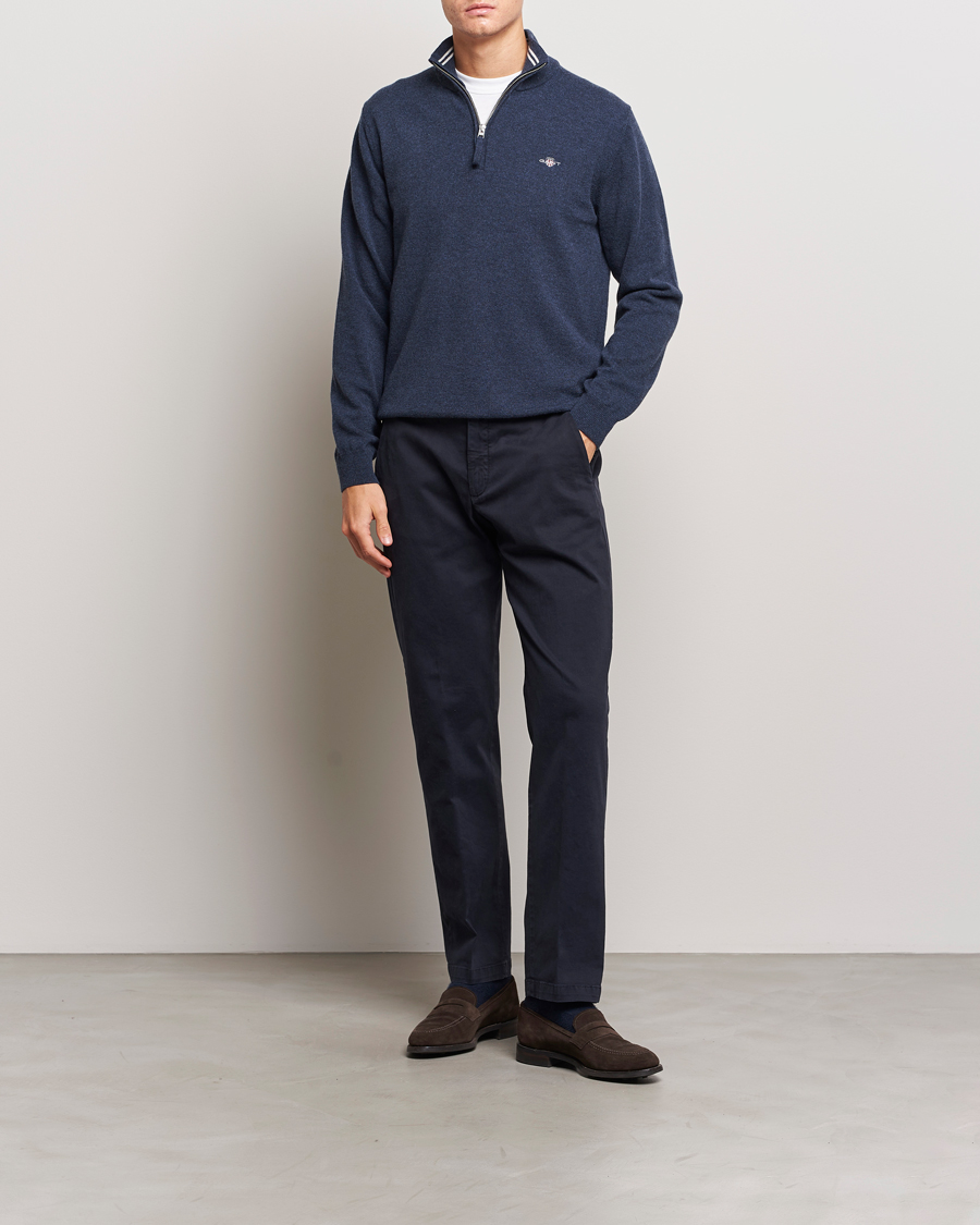 Men | Sweaters & Knitwear | GANT | Lambswool Half Zip Dark Navy Melange