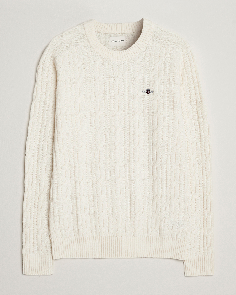 Men | Sweaters & Knitwear | GANT | Lambswool Cable Crew Neck Pullover Cream