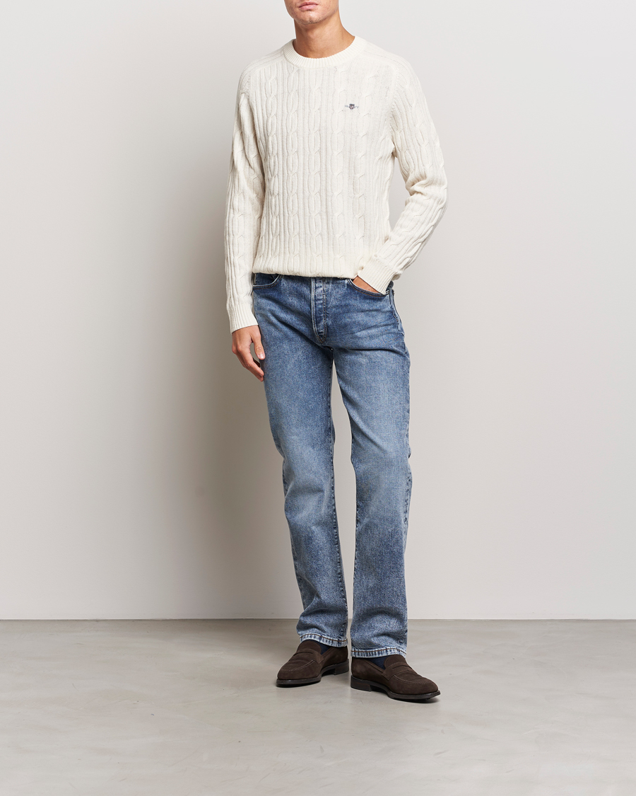 Men | Sweaters & Knitwear | GANT | Lambswool Cable Crew Neck Pullover Cream